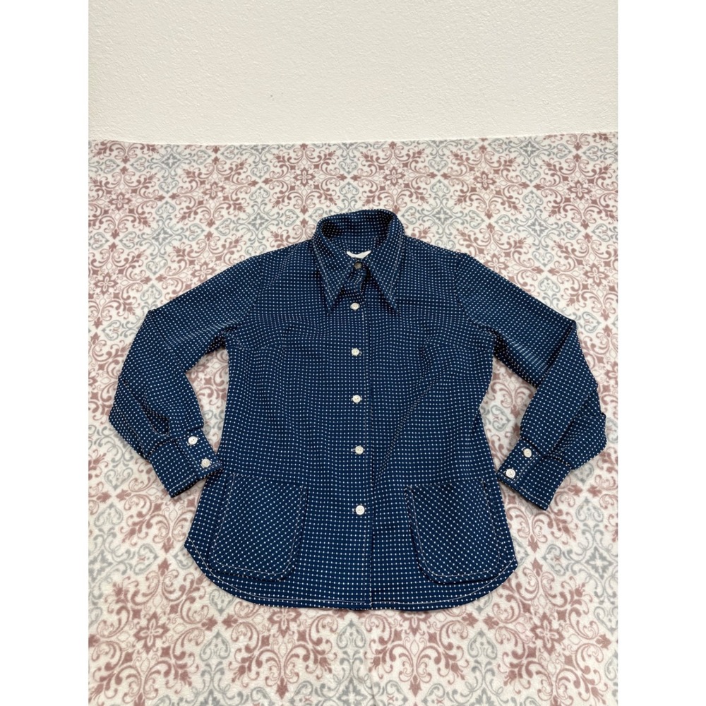 Vintage Hamilton Dallas Navy Blue Polka Dot Button Up Shirt 70s Pointed Collar 8